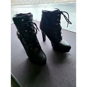 JUSTFAB Black Lace Up Side Zip High Heel Platform Ankle Boots Women US 9.5